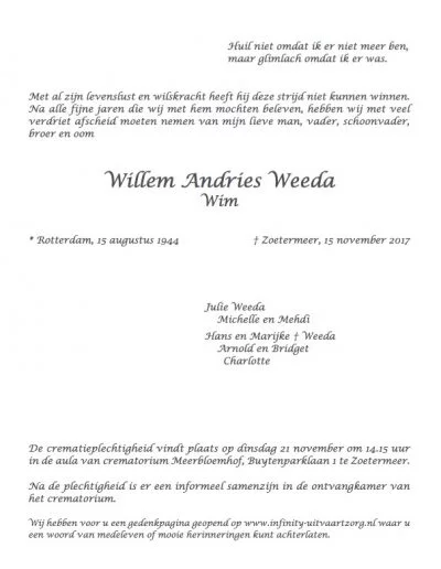 wim weeda gedenkkaart