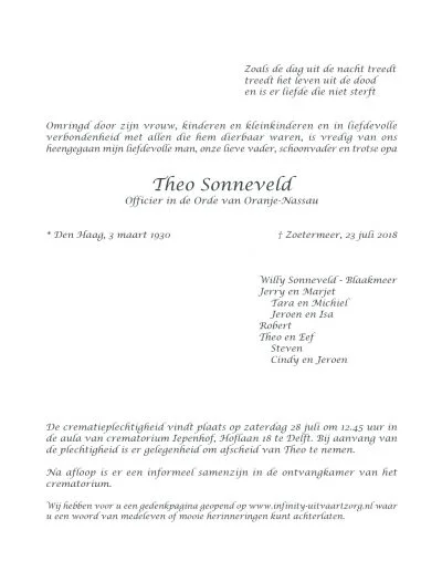 Theo Sonneveld rouwkaart binnenkant