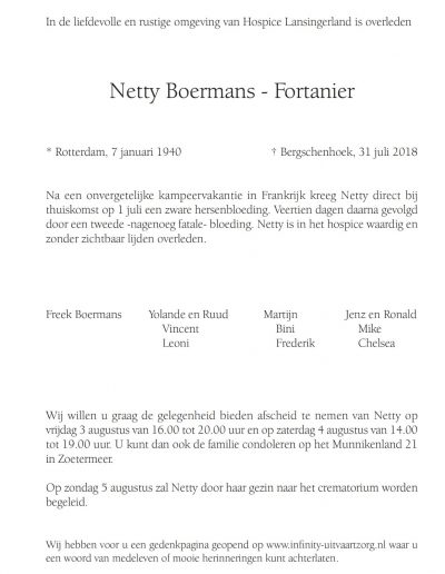 Netty Boermans - Fortanier, rouwkaart