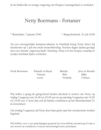 Netty Boermans - Fortanier, rouwkaart