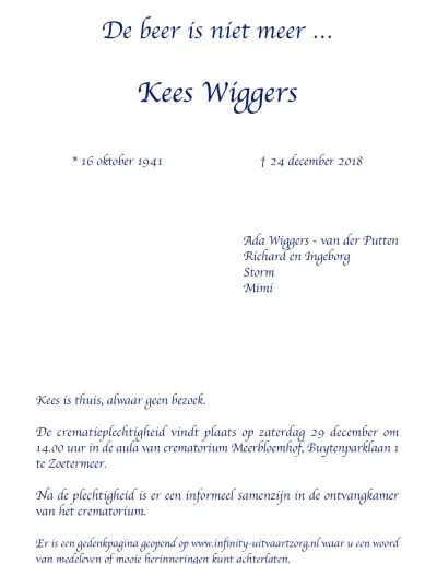 Kees Wiggers rouwkaart binnenkant