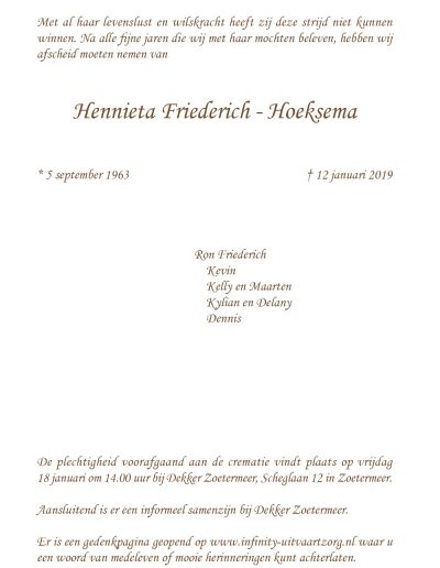 Rouwkaart van Hennieta Friederich - Hoeksema midden rechts