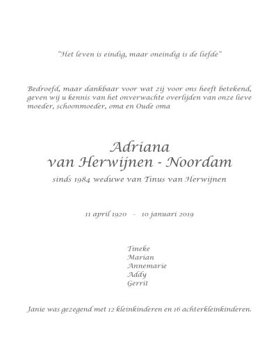 Rouwkaart Janie van Herwijnen - Noordam