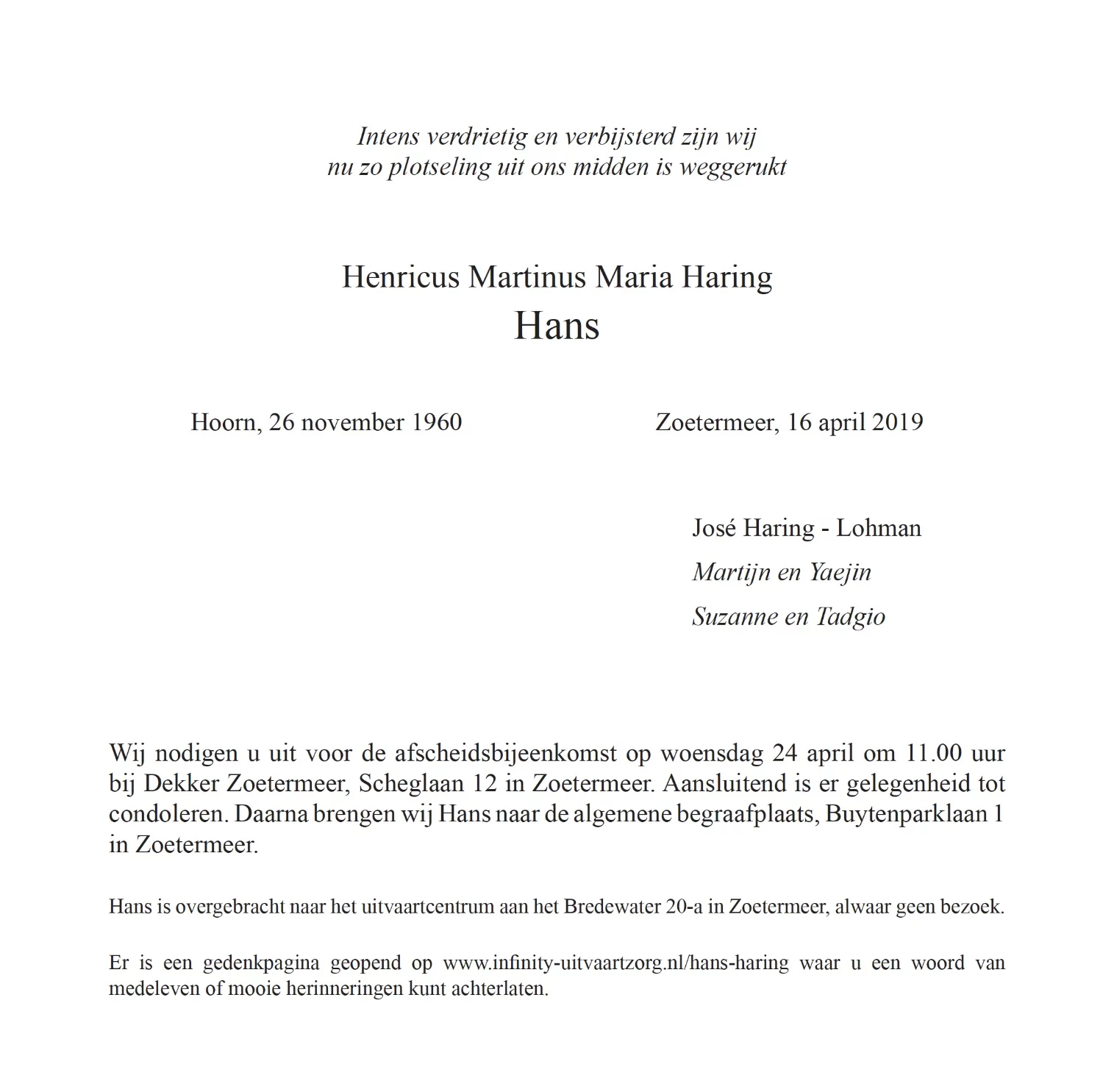 Hans Haring rouwkaart midden rechts