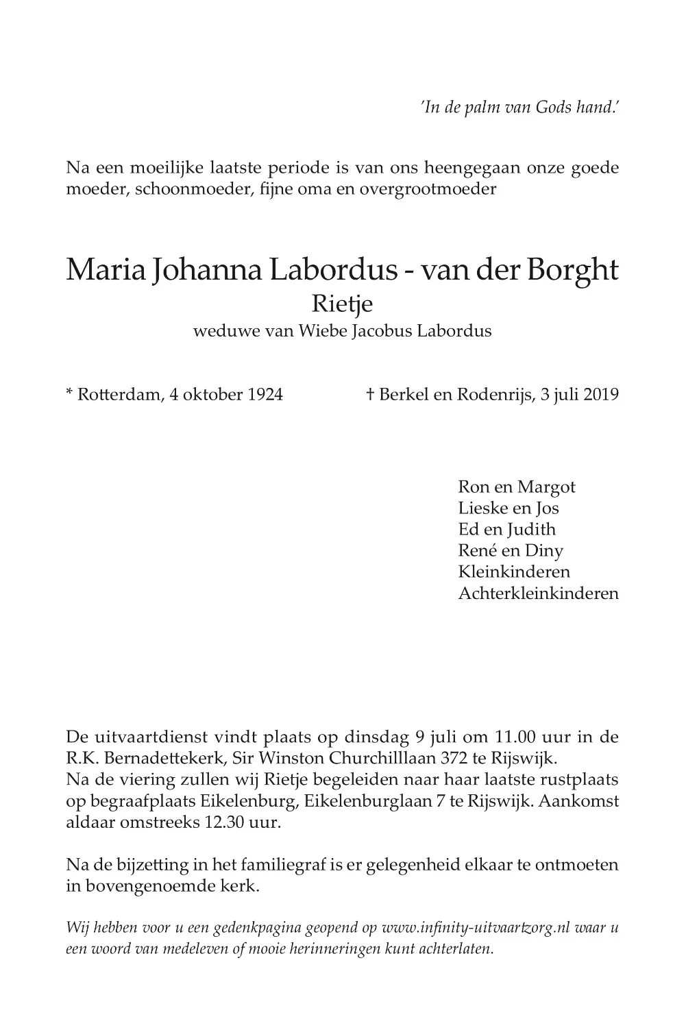 Rietje Labordus - van der Borght rouwkaart midden rechts