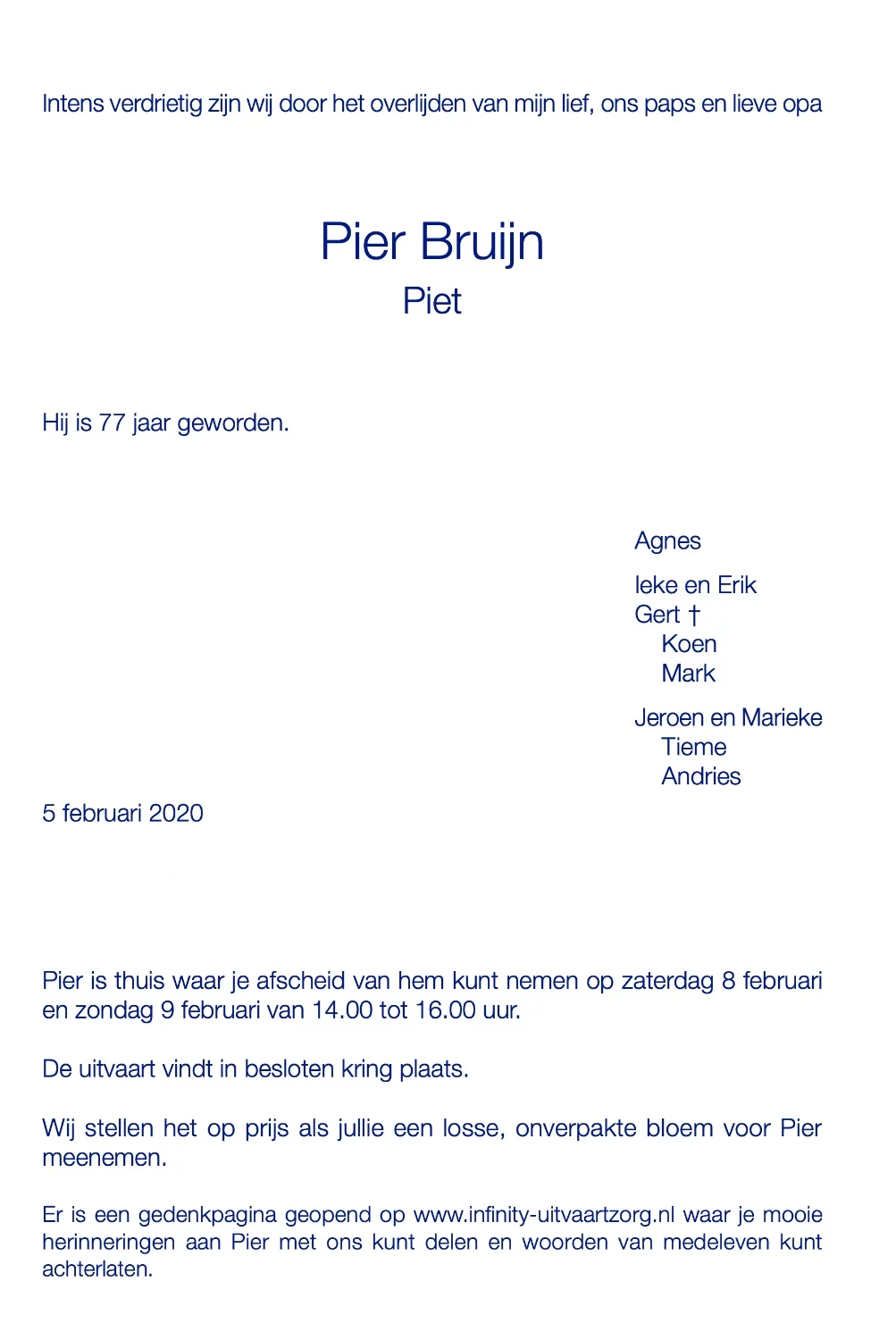 Pier Bruijn rouwkaart midden rechts Pier Bruijn rouwkaart midden rechts