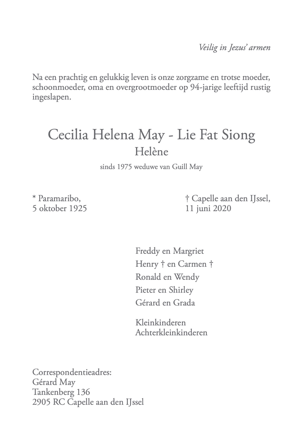 Helena May Lie Fat Siong - Rouwkaart midden rechts