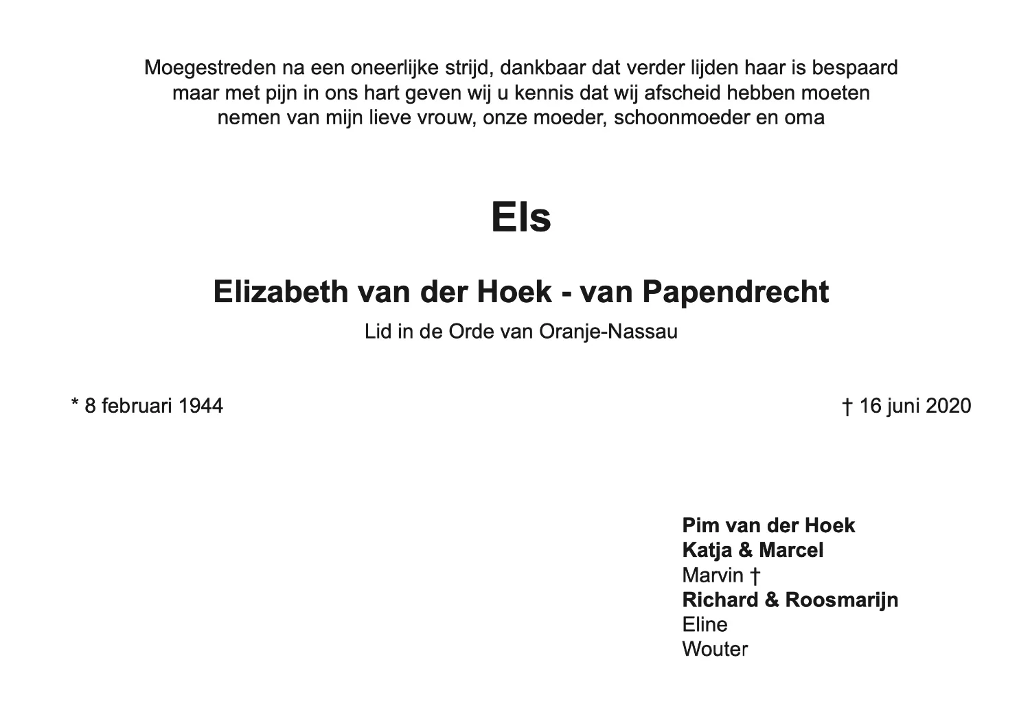 Elizabeth van der Hoek - van Papendrecht, rouwkaart binnen rechts