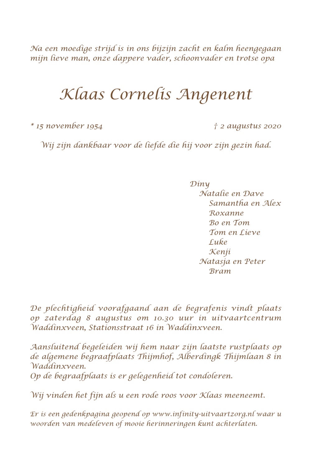 Klaas Cornelis Angenent rouwkaart binnen rechts