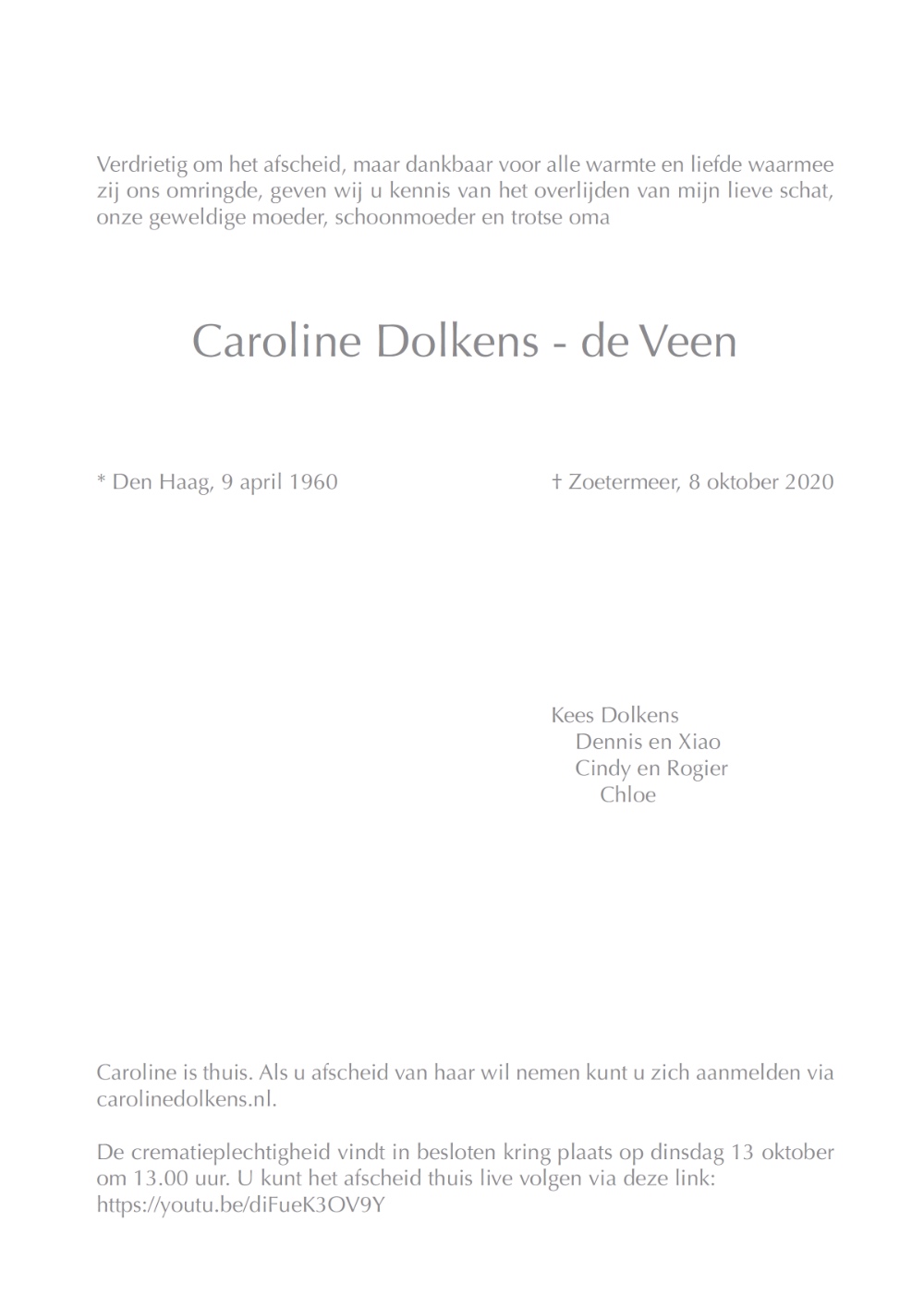 Caroline Dolkens - de Veen, rouwkaart binnenkant rechts