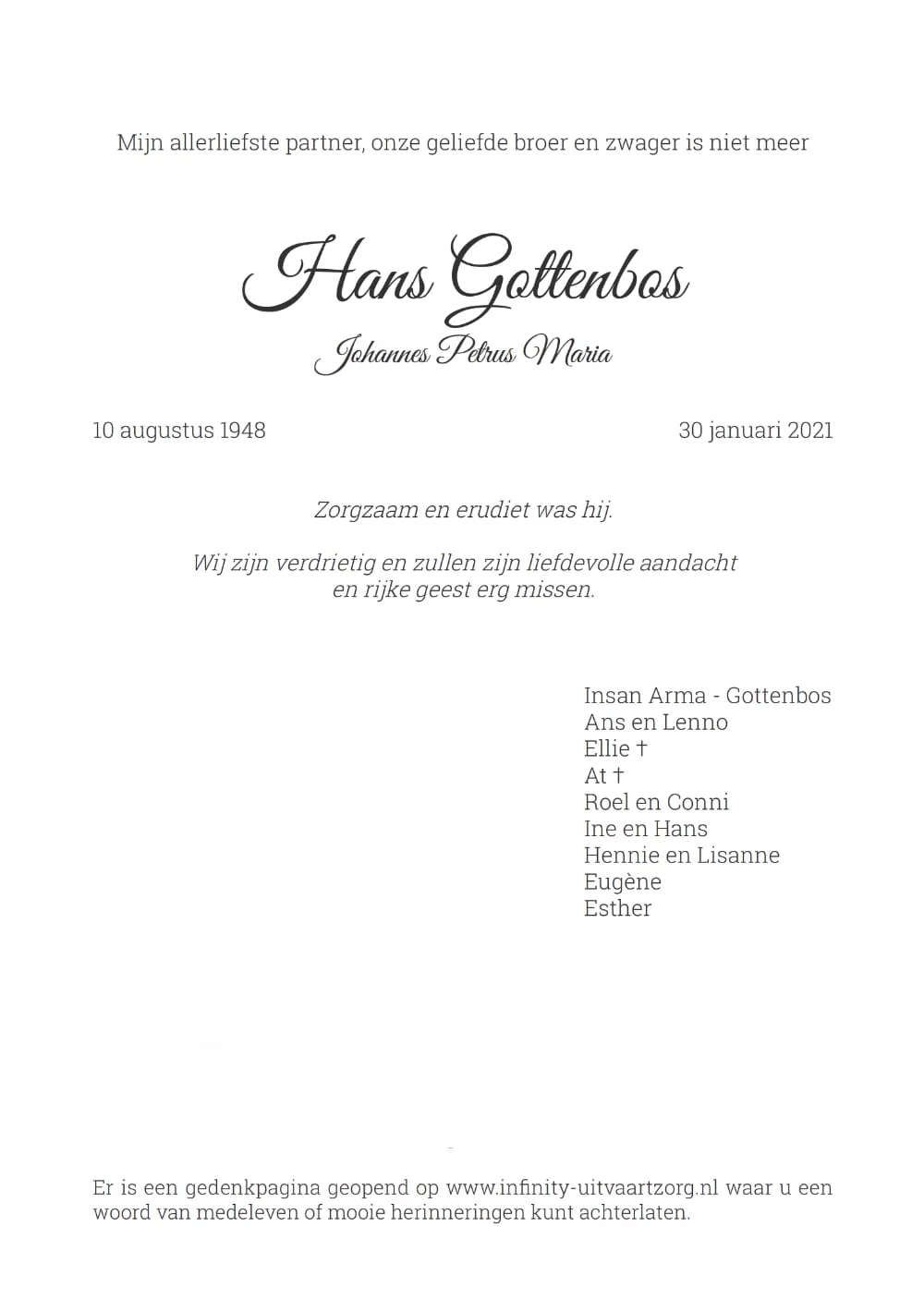 Rouwkaart midden rechts Hans Gottenbos