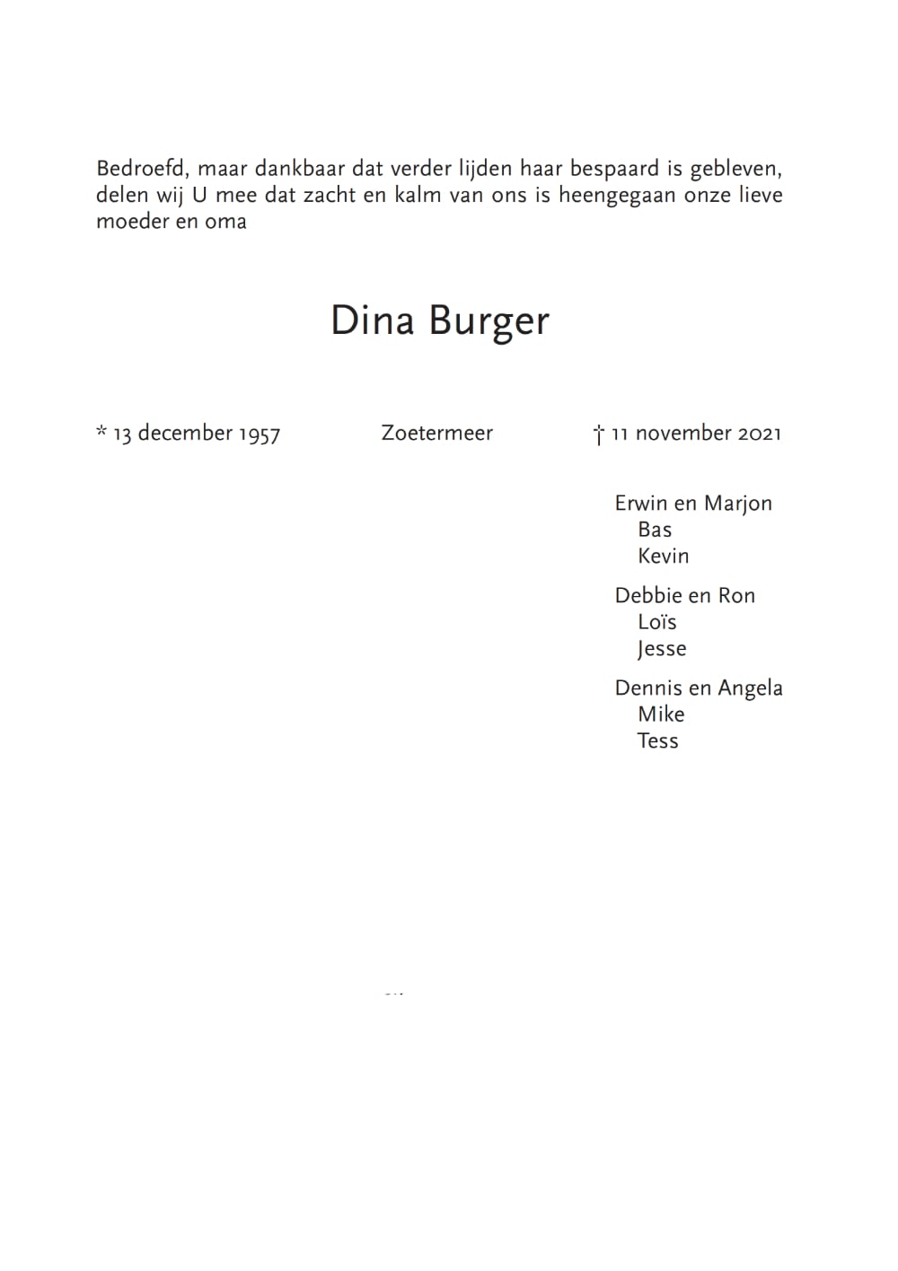 Rouwkaart midden Dina Burger