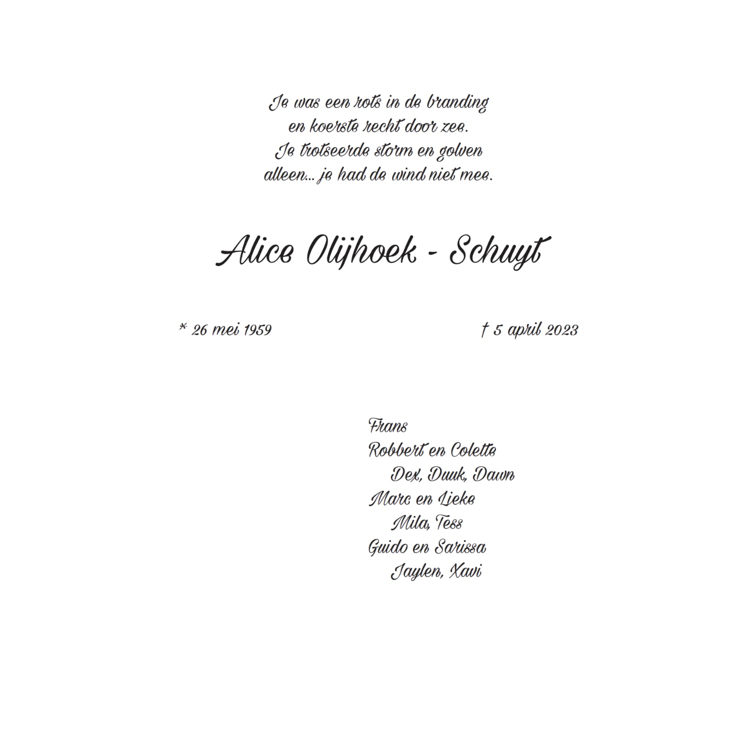 Rouwkaart Alice Olijhoek - Schuijt binnenkant